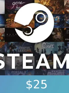Easily add funds to your Steam Wallet or gift the joy of gaming with a $25 Steam Wallet Card. Redeemable for games, software, and more on Steam.